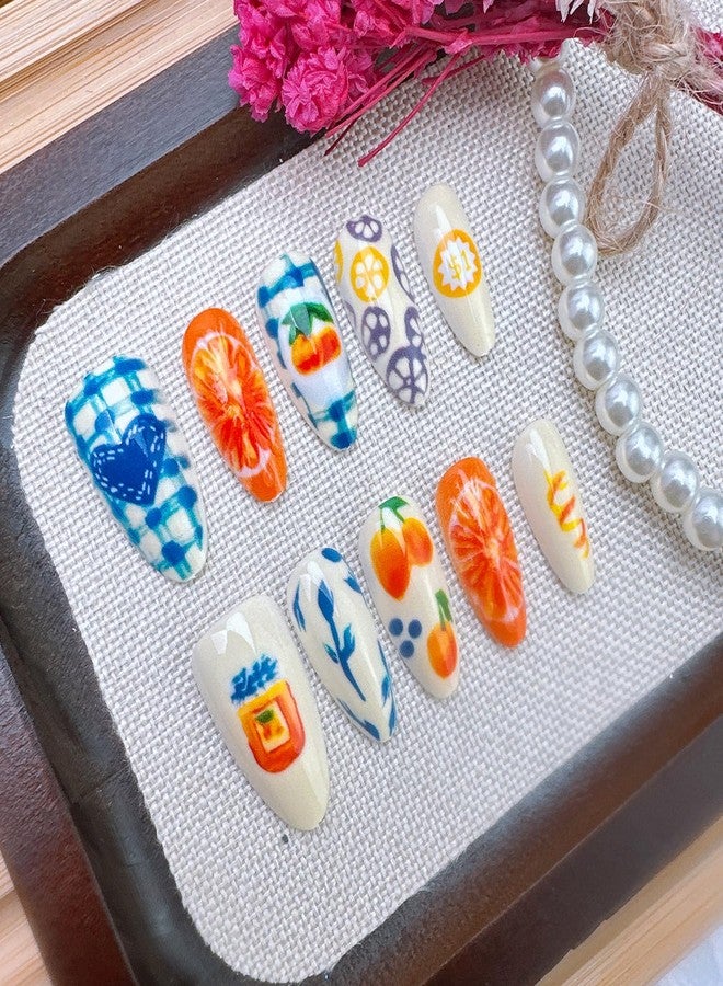 FDSQHSA 30pcs Summer Fruit Press on Nails Medium Almond Fake Nails with 3D Orange Design Peach Lemon Fruits False Nails Summer Artificial Nails Full Cover Glue on Nails for Women Nail Decorations - Image 5