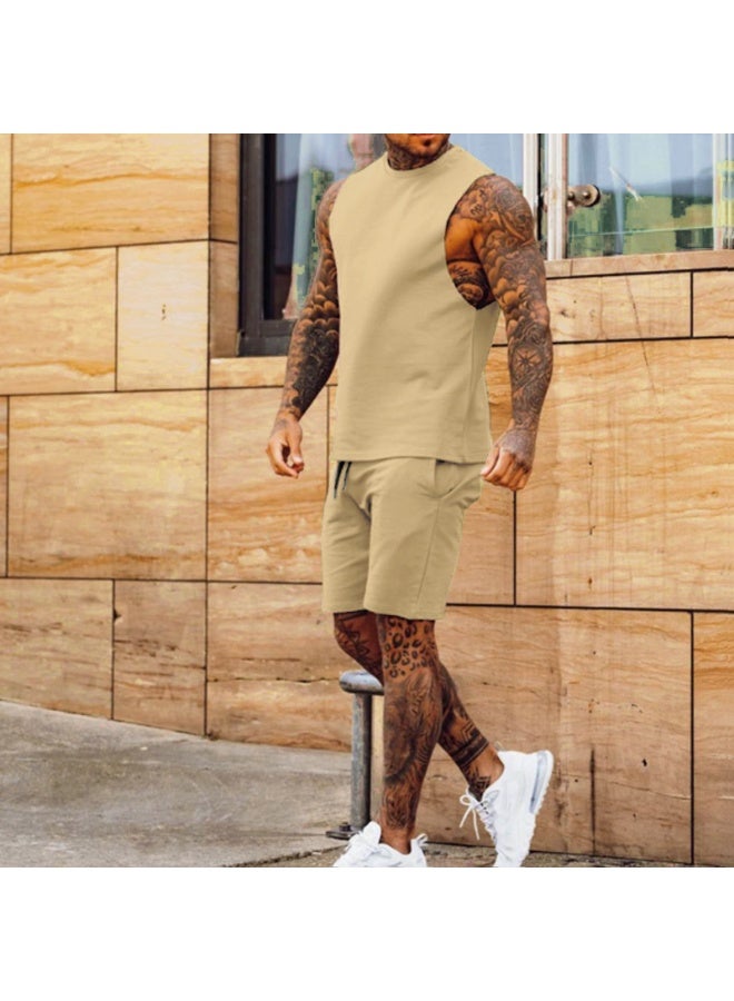 Sporty Casual Thin Shorts Sleeveless Top Solid Color Shoulder Short Pants Two-Piece Set for Men Comfortable Breath