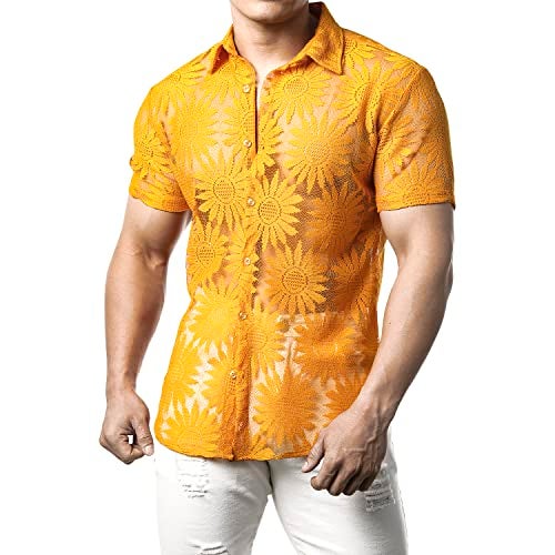 JOGAL Mens Floral Lace Shirt See Through Casual Button Down Shirts Yellow Medium - Image 3