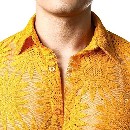 JOGAL Mens Floral Lace Shirt See Through Casual Button Down Shirts Yellow Medium - Image 5