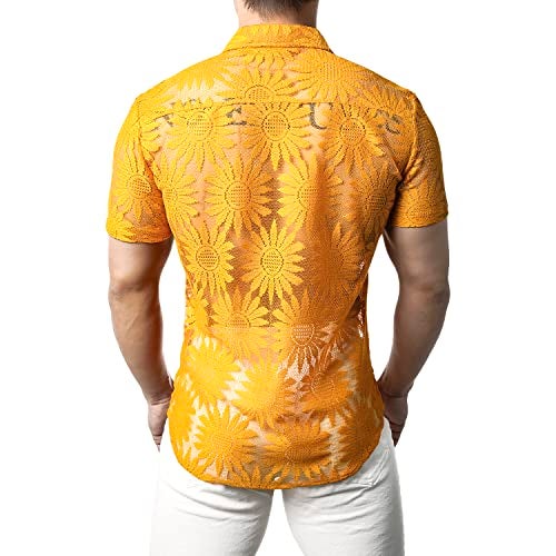 JOGAL Mens Floral Lace Shirt See Through Casual Button Down Shirts Yellow Medium - Image 2