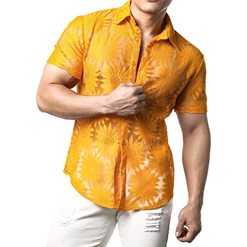JOGAL Mens Floral Lace Shirt See Through Casual Button Down Shirts Yellow Medium - Image 4