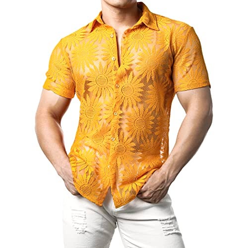JOGAL Mens Floral Lace Shirt See Through Casual Button Down Shirts Yellow Medium - Image 1