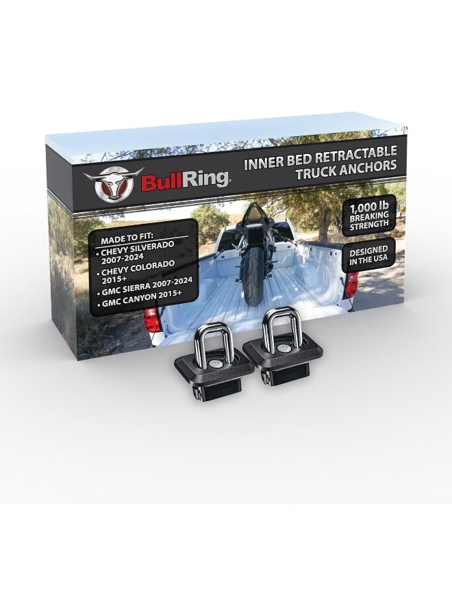Bull Ring Inner Bed Retractable Truck Bed Tie Down Anchors, Built for 2007+ Chevy Silverado & GMC Sierra, 2015+Chevy Colorado&GMC Canyon. Mounts in Truck Bed Stake Pockets, Easy Installation (1 Pair) - Image 1