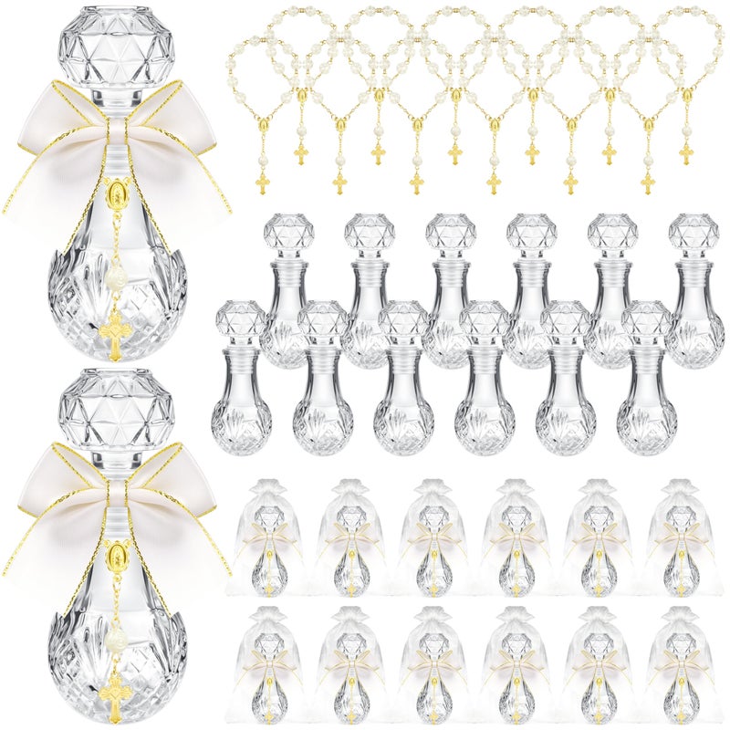 Fayoo 48 Pcs 12 Set Holy Water Bottle Baptism Favors for Guests 50ml Glass Holy Bottle Catholic Holy Water Container with Cross Rosary Bow for First Communion Easter Christian Church Wedding Baptism Decor - Image 1