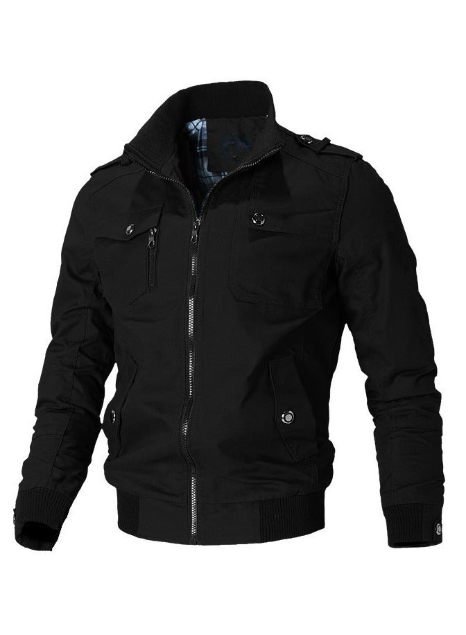 Loquat Men's Spring And Autumn Zippered Slim Fit Work Jacket Long Sleeve Casual Coat Black 