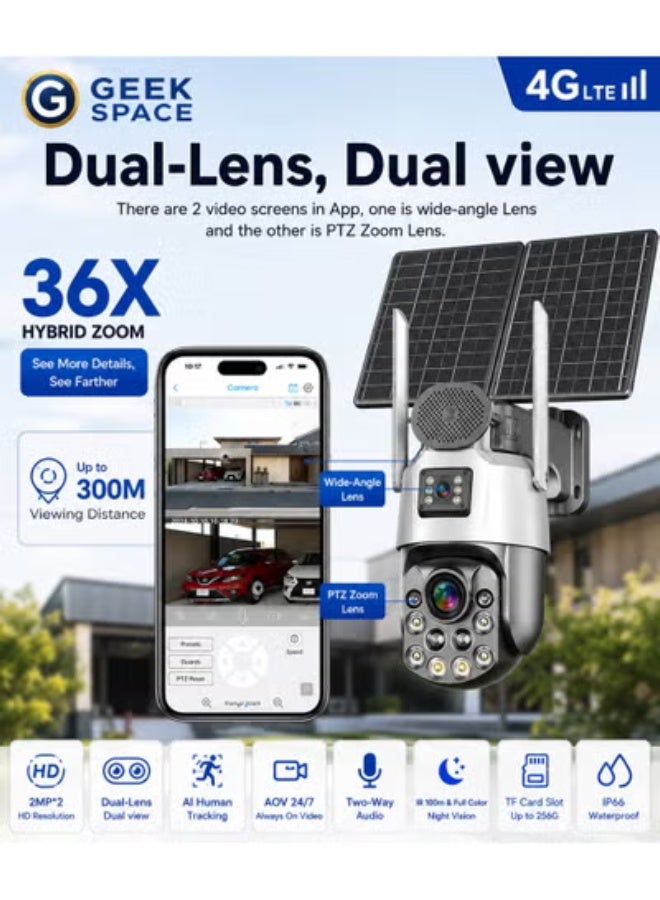 GEEK SPACE 4G LTE Solar PTZ Security Camera with 36X Hybrid Zoom, Dual Lens Outdoor Wireless CCTV Camera, eSIM Support, AI Human Tracking, 360° Pan Tilt Rotation, Full Color Night Vision, Two-Way Audio, Motion Detection Alerts, IP66 Waterproof, Remote Mobile App Viewing, SD Card Storage, Solar Powered Surveillance Camera for Home, Farm & Business Security - Image 5