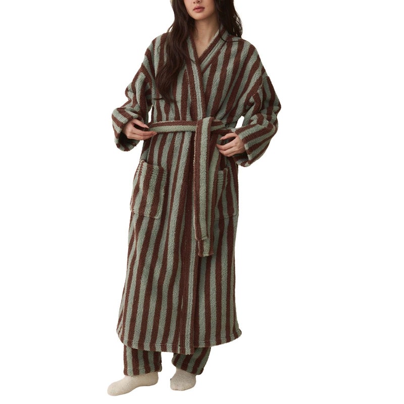 Homgro Women's Fuzzy Fleece Long Robe Striped Long Sleeve Plush Kimono Warm Winter Thick Fluffy Oversized Cozy Pockets Belted Hot Tub Bath SPA V Neck Loungewear Maxi Bathrobe Coffee Large - Image 1