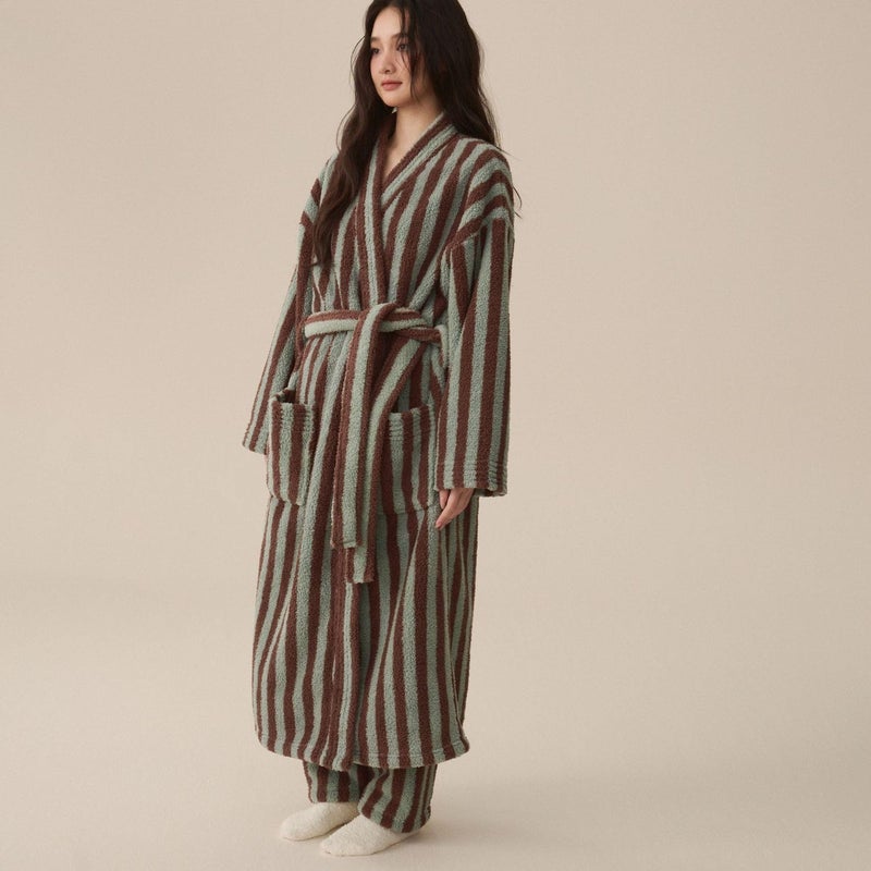 Homgro Women's Fuzzy Fleece Long Robe Striped Long Sleeve Plush Kimono Warm Winter Thick Fluffy Oversized Cozy Pockets Belted Hot Tub Bath SPA V Neck Loungewear Maxi Bathrobe Coffee Large - Image 3