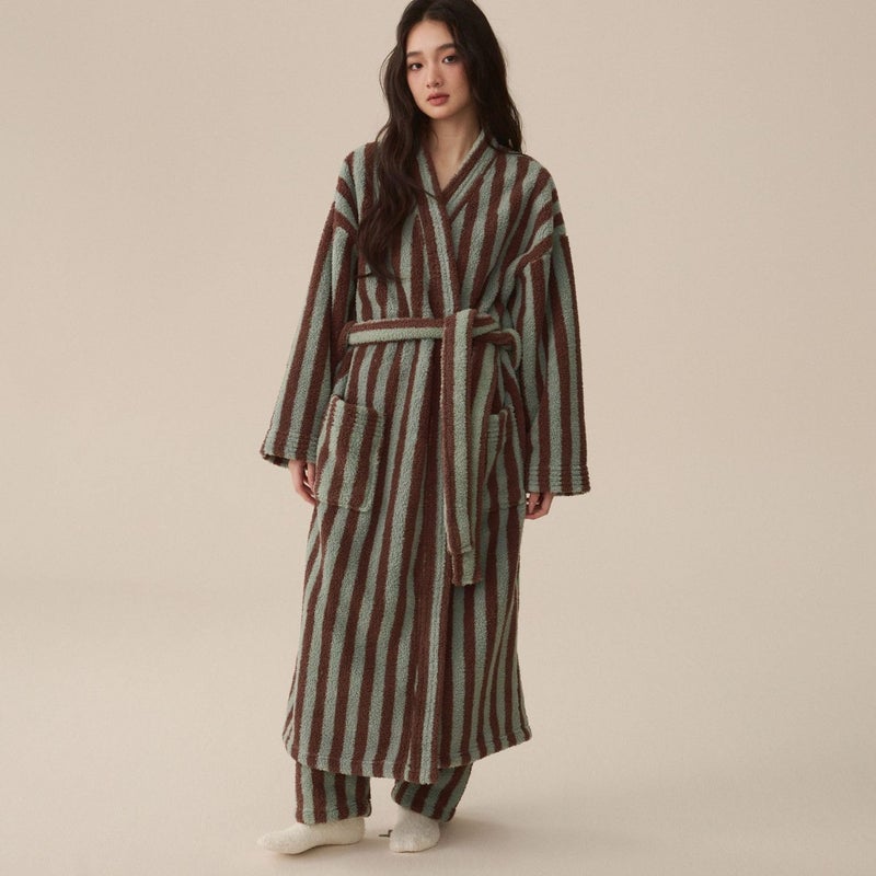 Homgro Women's Fuzzy Fleece Long Robe Striped Long Sleeve Plush Kimono Warm Winter Thick Fluffy Oversized Cozy Pockets Belted Hot Tub Bath SPA V Neck Loungewear Maxi Bathrobe Coffee Large - Image 4