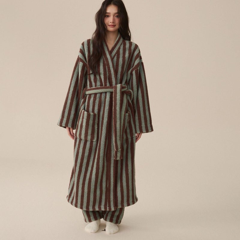 Homgro Women's Fuzzy Fleece Long Robe Striped Long Sleeve Plush Kimono Warm Winter Thick Fluffy Oversized Cozy Pockets Belted Hot Tub Bath SPA V Neck Loungewear Maxi Bathrobe Coffee Large - Image 2