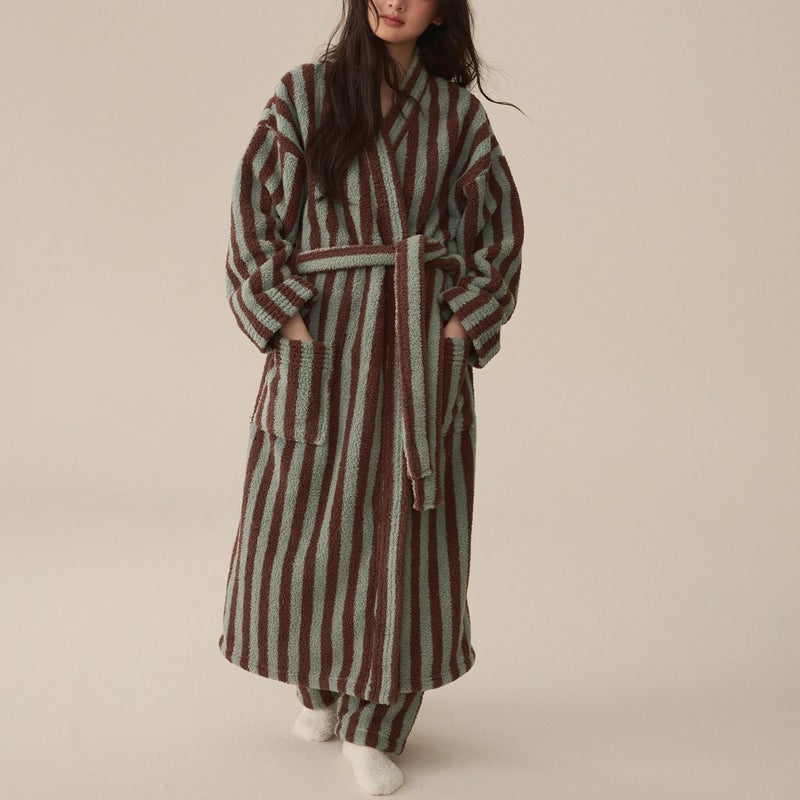 Homgro Women's Fuzzy Fleece Long Robe Striped Long Sleeve Plush Kimono Warm Winter Thick Fluffy Oversized Cozy Pockets Belted Hot Tub Bath SPA V Neck Loungewear Maxi Bathrobe Coffee Large - Image 5