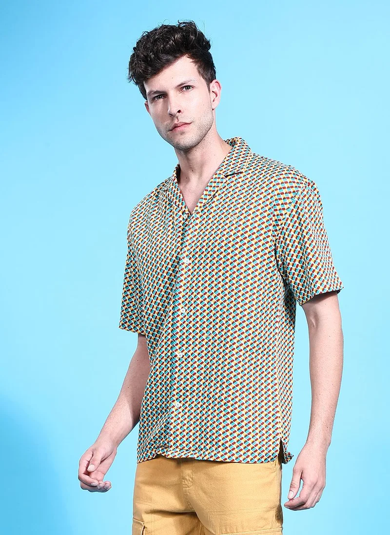 ذا انديان كراج كو Men Relaxed Fit Geometric Printed Half Sleeves Cutaway Collar Party Wear Shirt