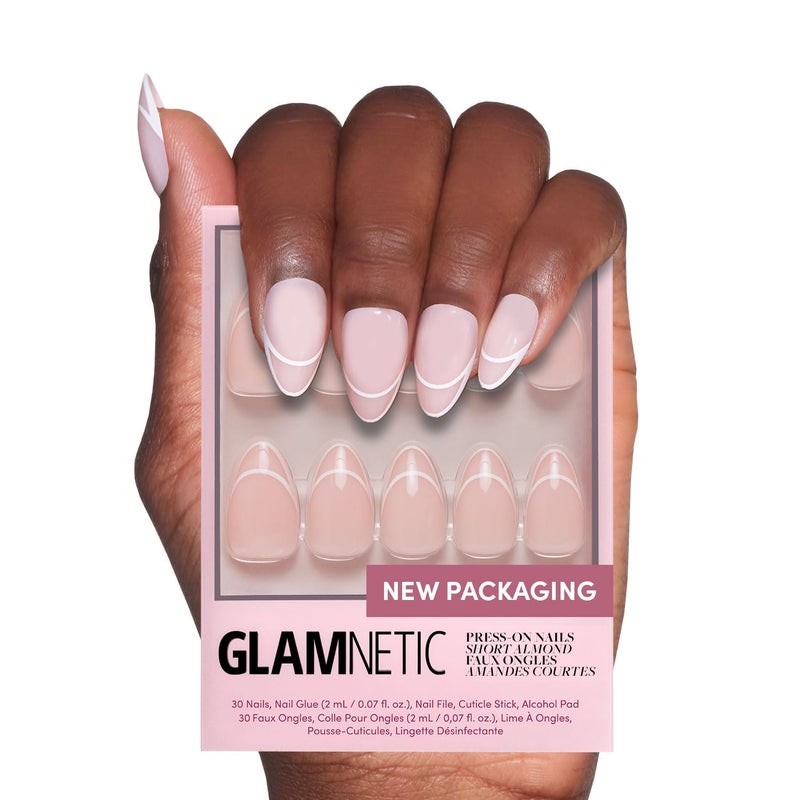 Glamnetic Press On Nails Heavenly SemiTransparent Neutral Nude Trendy French Tip Short Almond Fake Nails Salon Quality 15 Sizes 30 Nail Kit