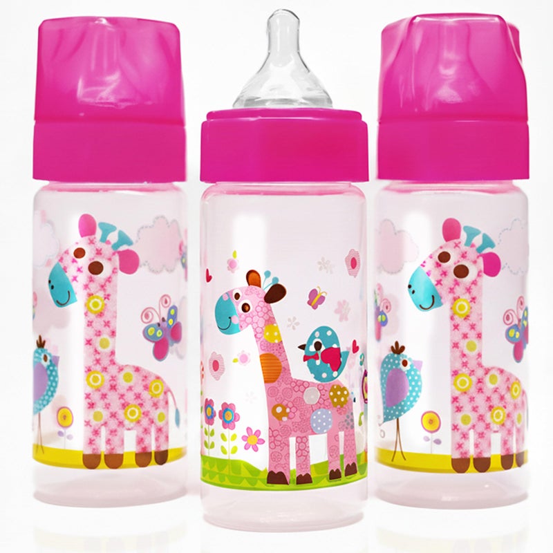 Avima 9 oz Anti Colic Baby Bottles for Breastfed Babies - Medium Flow Nipples, Wide Neck Bottle, BPA Free - 3-6 Months, Stage 2 (Set of 3) Pink Baby Bottles - Giraffes - Image 1