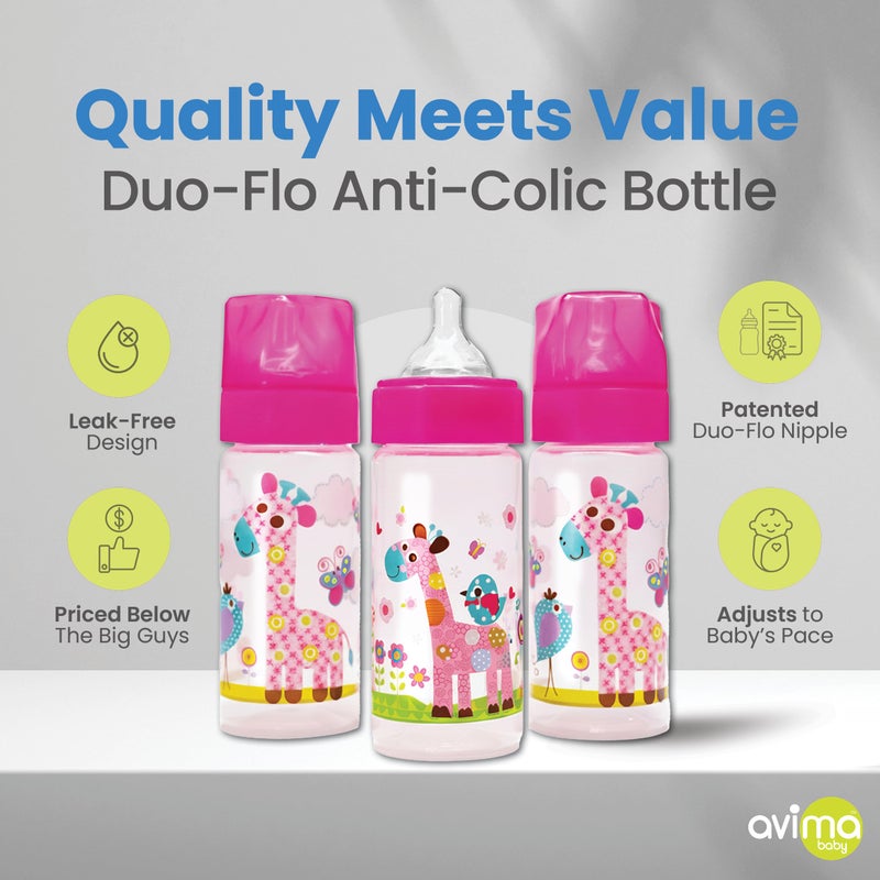 Avima 9 oz Anti Colic Baby Bottles for Breastfed Babies - Medium Flow Nipples, Wide Neck Bottle, BPA Free - 3-6 Months, Stage 2 (Set of 3) Pink Baby Bottles - Giraffes - Image 5
