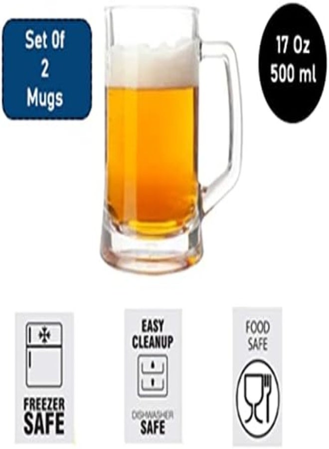AKDC أكواب بيرة كريستال شفافة للرجال 17 أونصة، أكواب بيرة للفريزر 500 مل، زجاج بمقبض للشرب، أكواب شرب الحانة هدية ستاين للرجال (كوب (مجموعة من 2)) - Image 1