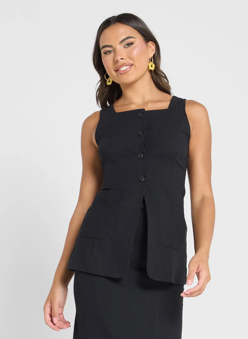 Ginger Linen Blend Longline Button Down Vest & Maxi Skirt Set