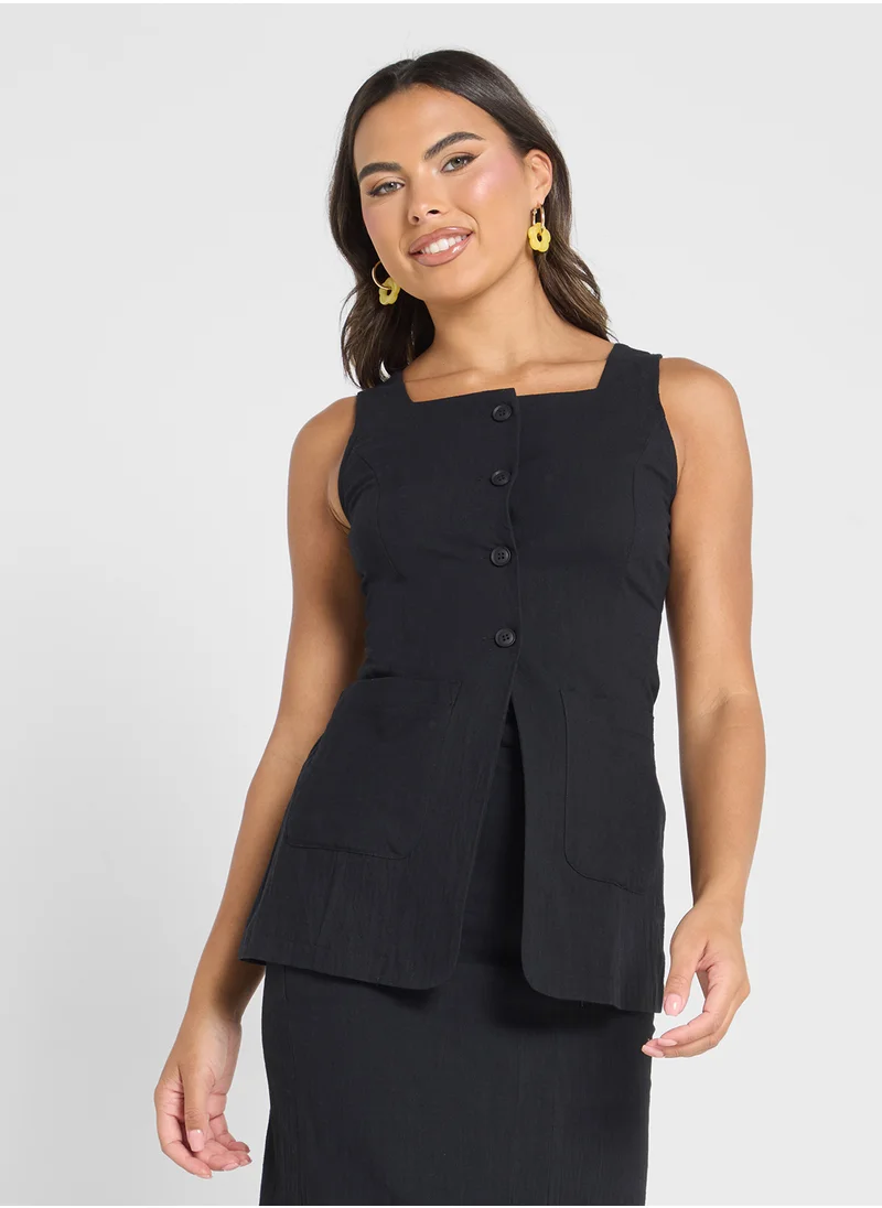 Ginger Linen Blend Longline Button Down Vest & Maxi Skirt Set