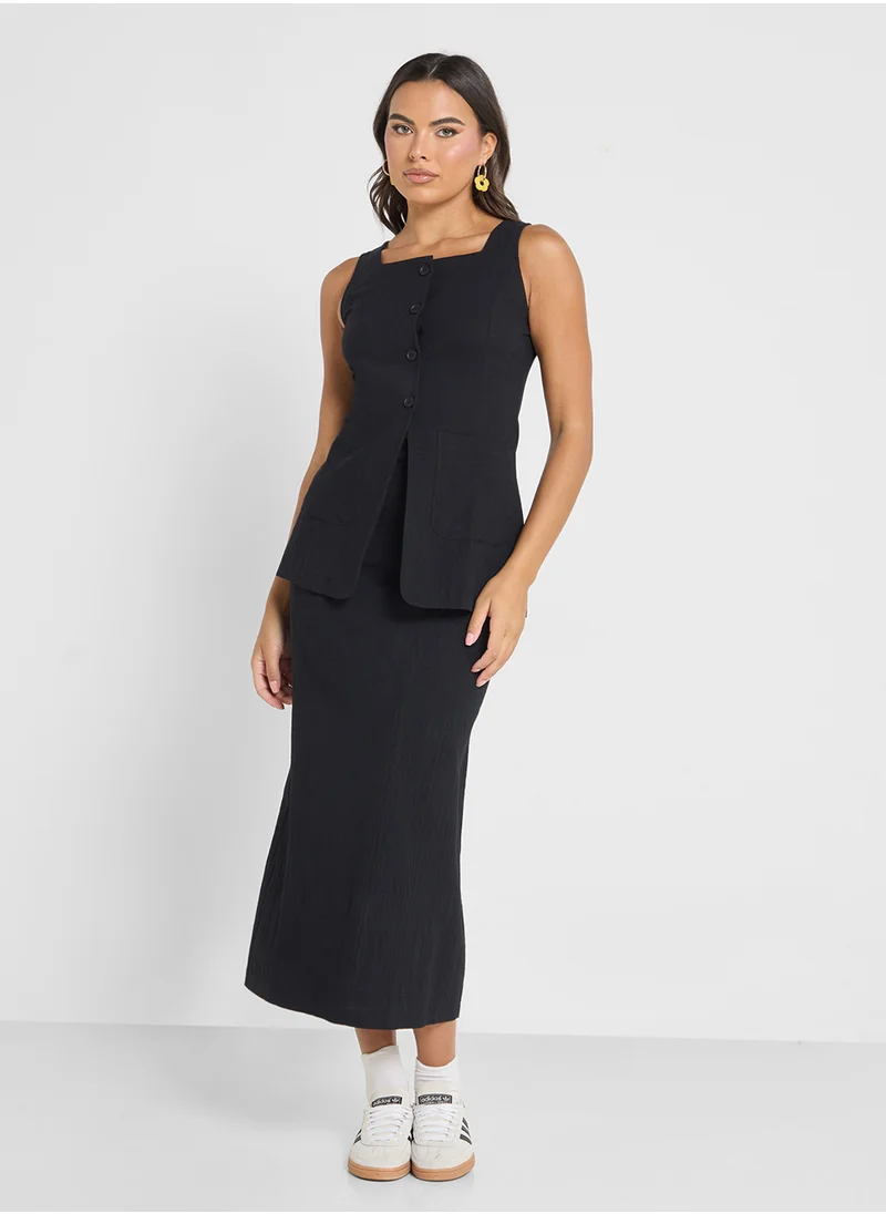 Ginger Linen Blend Longline Button Down Vest & Maxi Skirt Set