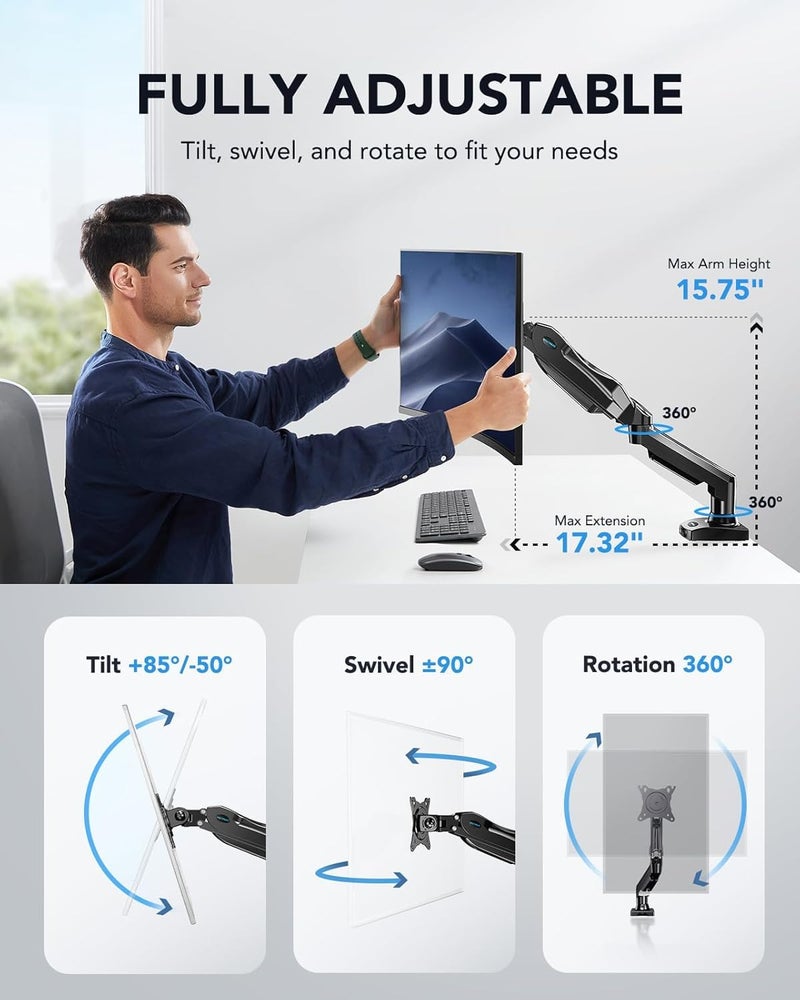 HUANUO Single Monitor Mount, 13 to 32 Inch Monitor Arm, Adjustable Monitor Stand, Vesa Mount with Clamp and Grommet Base - Fits 4.4 to 19.8lbs LCD Computer Monitors - Image 4