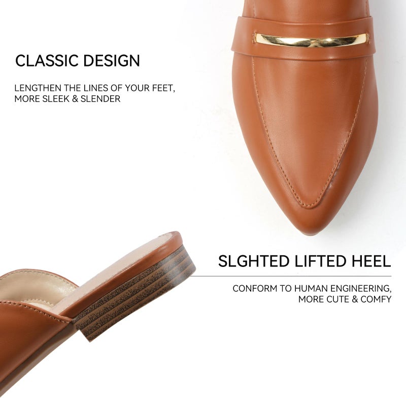 MUSSHOE Mules for Woman Pointed Toe Women's Bukle Mule Flat Slip-on Womens Mules Shoes Casual Fashion Party Work,Tan PU 9 - Image 4