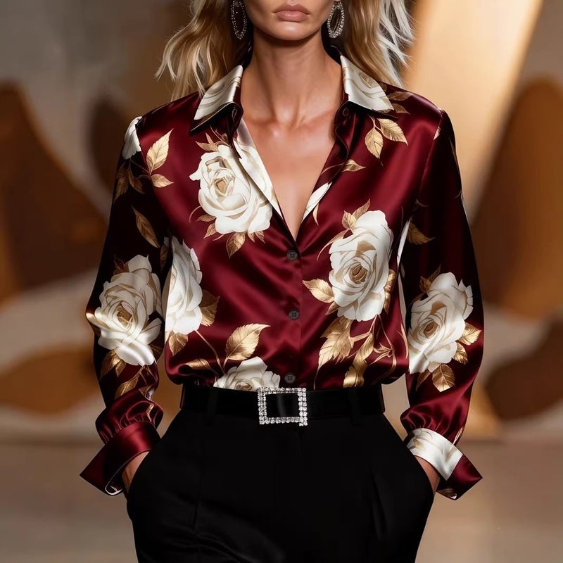 Qi Ta Women's 3D Digital Print Long Sleeve Satin Blouse - Floral Business Casual Top - Image 4