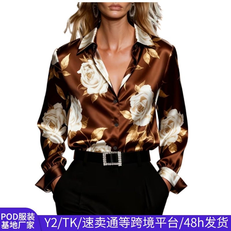 Qi Ta Women's 3D Digital Print Long Sleeve Satin Blouse - Floral Business Casual Top - Image 2