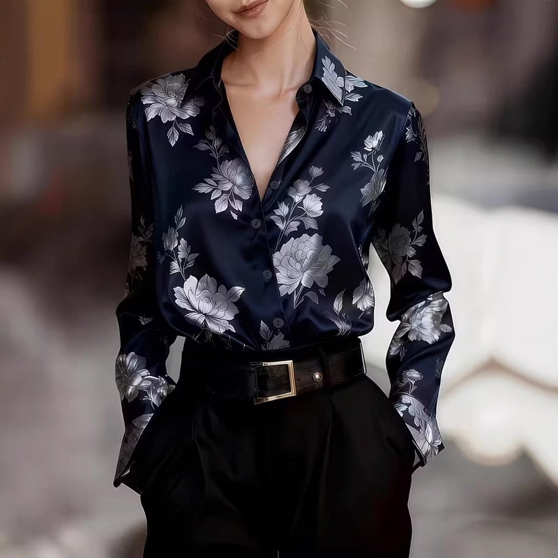 Qi Ta Women's 3D Digital Print Long Sleeve Satin Blouse - Floral Business Casual Top - Image 5