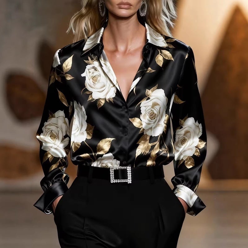 Qi Ta Women's 3D Digital Print Long Sleeve Satin Blouse - Floral Business Casual Top - Image 3