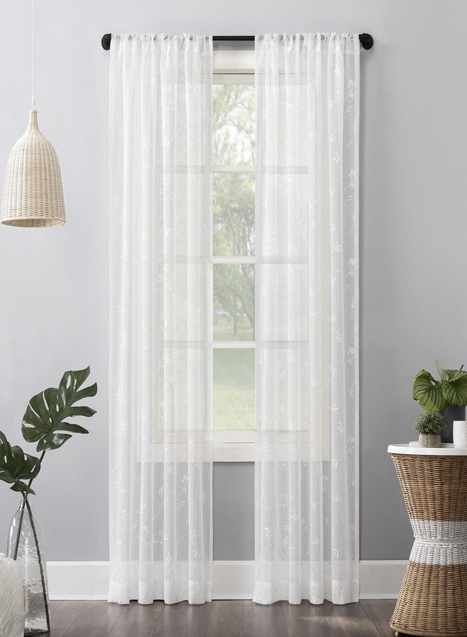 No. 918 Delia Embroidered Floral Sheer Rod Pocket Curtain Panel, 50" x 84", Ivory Off-White - Image 1
