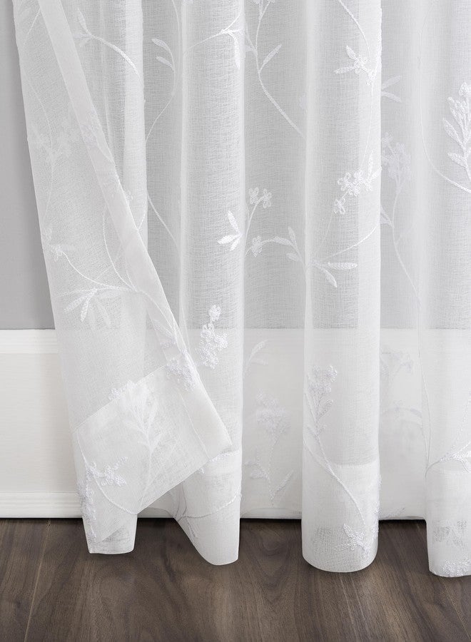 No. 918 Delia Embroidered Floral Sheer Rod Pocket Curtain Panel, 50" x 84", Ivory Off-White - Image 4