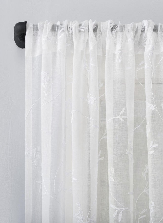 No. 918 Delia Embroidered Floral Sheer Rod Pocket Curtain Panel, 50" x 84", Ivory Off-White - Image 2