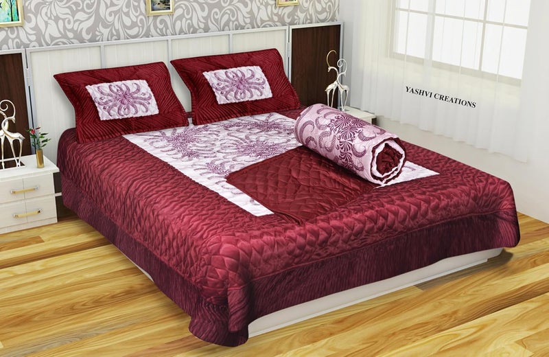 ManavRachit Satin Gold Printed 310 TC Wedding Bedding Set Bedsheet with 2 Pillow Covers 1 AC Comforter for Home Living RoomMaroon Set of 4pcVIP Print - Image 1