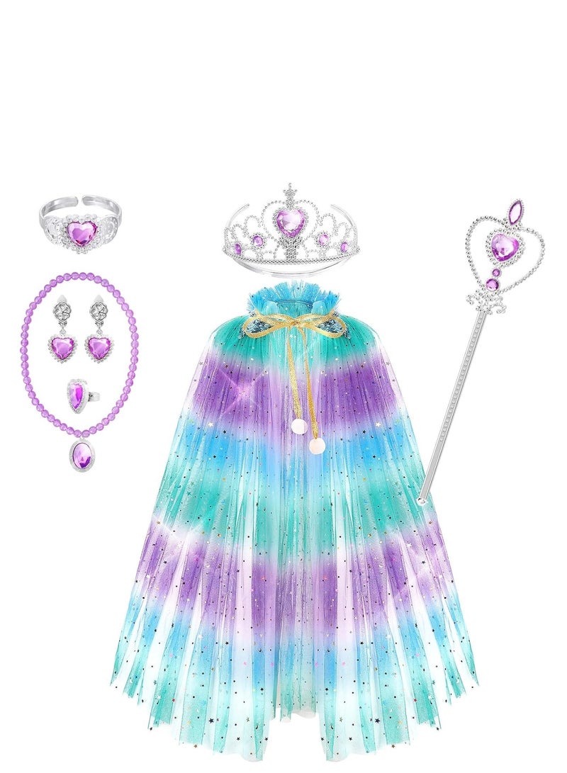 طقم زي الأميرة للفتيات، 7 قطع مع عباءة وتاج، هدية عيد ميلاد مثالية للأعمار من 3-8، بتصميم حورية البحر - Image 1