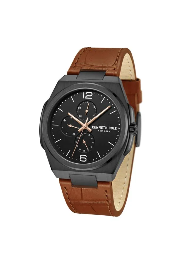 كينيث كول نيو يورك Modern Dress Sport Black Dial Genuine Leather Strap Multifunction Watch for Men