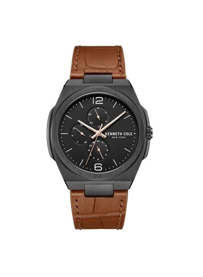 كينيث كول نيو يورك Modern Dress Sport Black Dial Genuine Leather Strap Multifunction Watch for Men