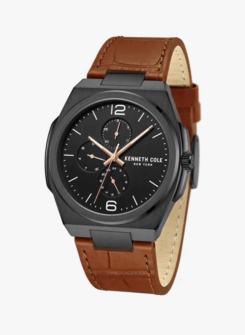 كينيث كول نيو يورك Modern Dress Sport Black Dial Genuine Leather Strap Multifunction Watch for Men