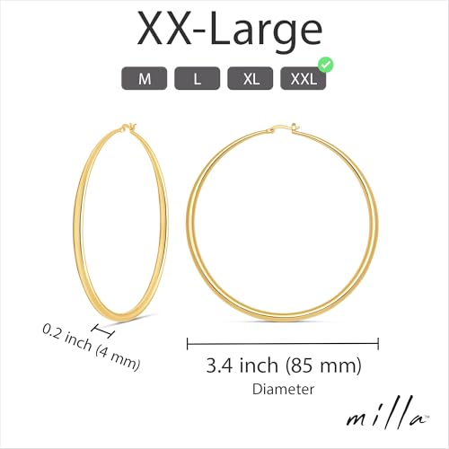 MILLA 14K Gold Hoop Earrings For Women, Silver Hoop Earrings & Rose Gold Earrings with Graduated Curvature (14K Gold Plated/XX-Large - 3.4 in) - Image 3