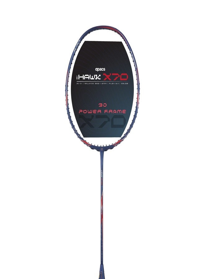 أباك مضرب تنس الريشة Apacs iHawk X70 (بدون أوتار) مصنوع بالكامل من الجرافيت وألياف الكربون فائقة القوة (75-79 غرام) | أقصى شد 35 رطلاً | إطار ثلاثي الأبعاد | صنع في فيتنام، مضرب تنس ريشة بغطاء كامل (أزرق داكن) (متعدد الاستخدامات) - Image 5