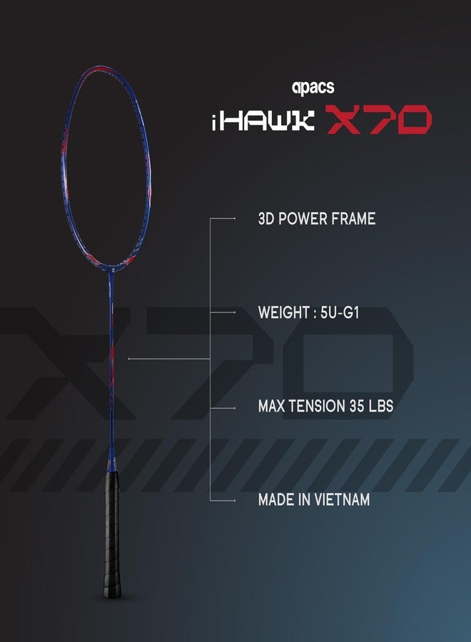 أباك مضرب تنس الريشة Apacs iHawk X70 (بدون أوتار) مصنوع بالكامل من الجرافيت وألياف الكربون فائقة القوة (75-79 غرام) | أقصى شد 35 رطلاً | إطار ثلاثي الأبعاد | صنع في فيتنام، مضرب تنس ريشة بغطاء كامل (أزرق داكن) (متعدد الاستخدامات) - Image 2