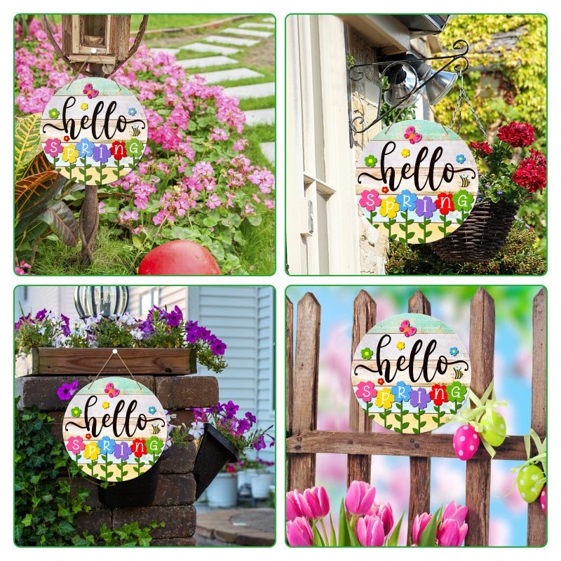 Petcee Hello Spring Door Sign - 11.8"" Colorful Flowers Welcome Decoration Wreath Farmhouse Hanging Sign For Home Front Door Wall Porch Indoor Outdoor Decor - Image 4