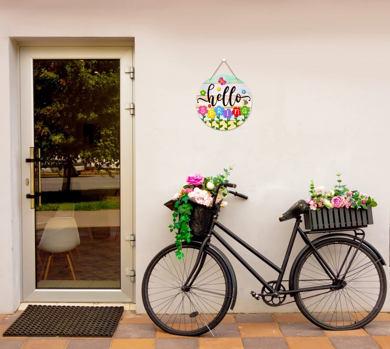 Petcee Hello Spring Door Sign - 11.8"" Colorful Flowers Welcome Decoration Wreath Farmhouse Hanging Sign For Home Front Door Wall Porch Indoor Outdoor Decor - Image 5