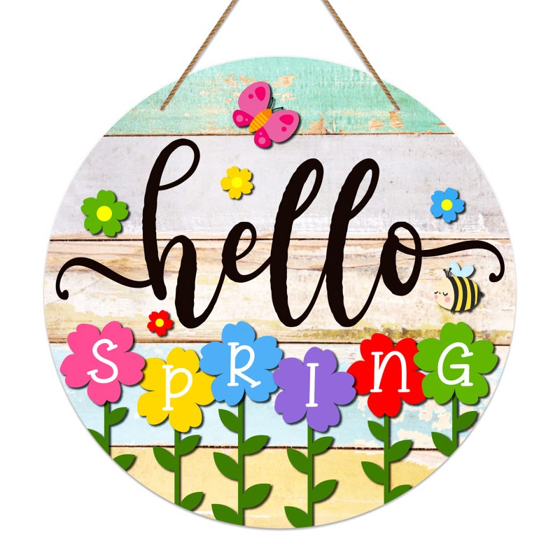 Petcee Hello Spring Door Sign - 11.8"" Colorful Flowers Welcome Decoration Wreath Farmhouse Hanging Sign For Home Front Door Wall Porch Indoor Outdoor Decor - Image 1