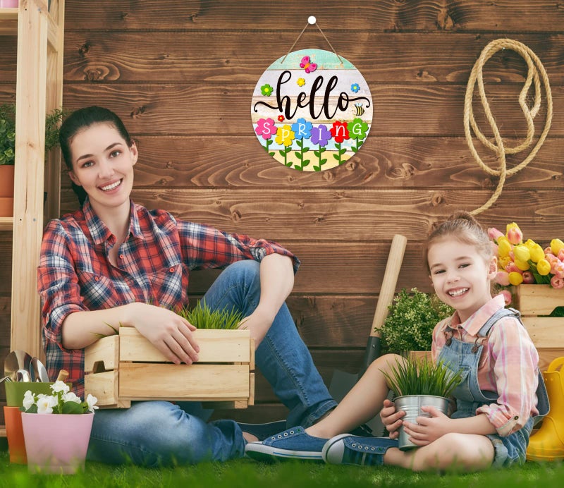 Petcee Hello Spring Door Sign - 11.8"" Colorful Flowers Welcome Decoration Wreath Farmhouse Hanging Sign For Home Front Door Wall Porch Indoor Outdoor Decor - Image 2