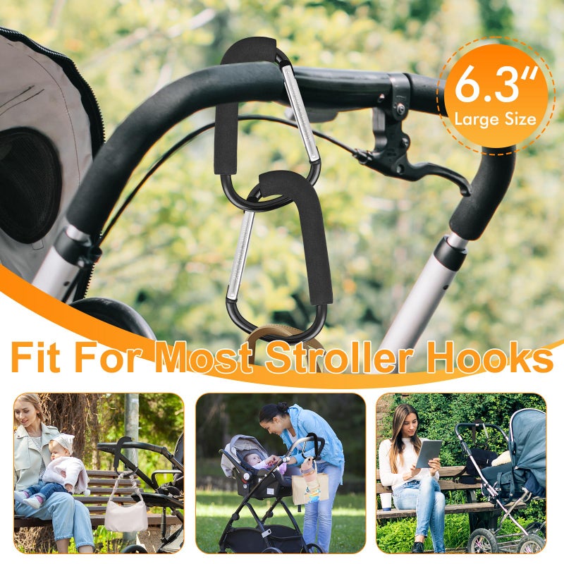 NEOACT 2 Pack Stroller Hooks,6.3" Large Stroller Clips,Stroller Hook for Hanging Diaper Bags and Shopping,Universal Stroller Accessories for Mommy,Large Carabiner Clip Heavy Duty - Image 2