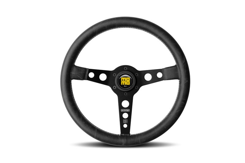 MOMO Motorsport Prototipo Heritage Steering Wheel Black Leather Grip Brushed Aluminum Spoke White Stitch 350mm