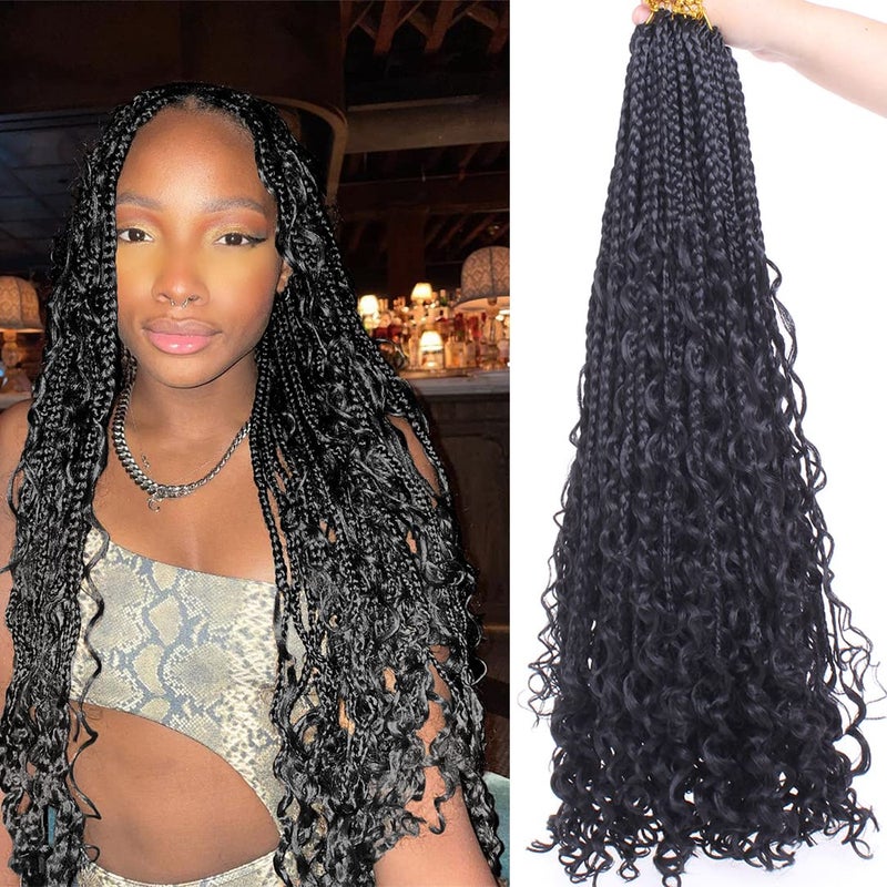 Beverlee 24 Inch Boho Box Braids 8 Packs Goddess Box Braids Crochet Hair Bohemian Hippie Braids Braiding Hair Box Braids with Curly Ends Messy Prelooped Synthetic Crochet Hair for Black Women 1B