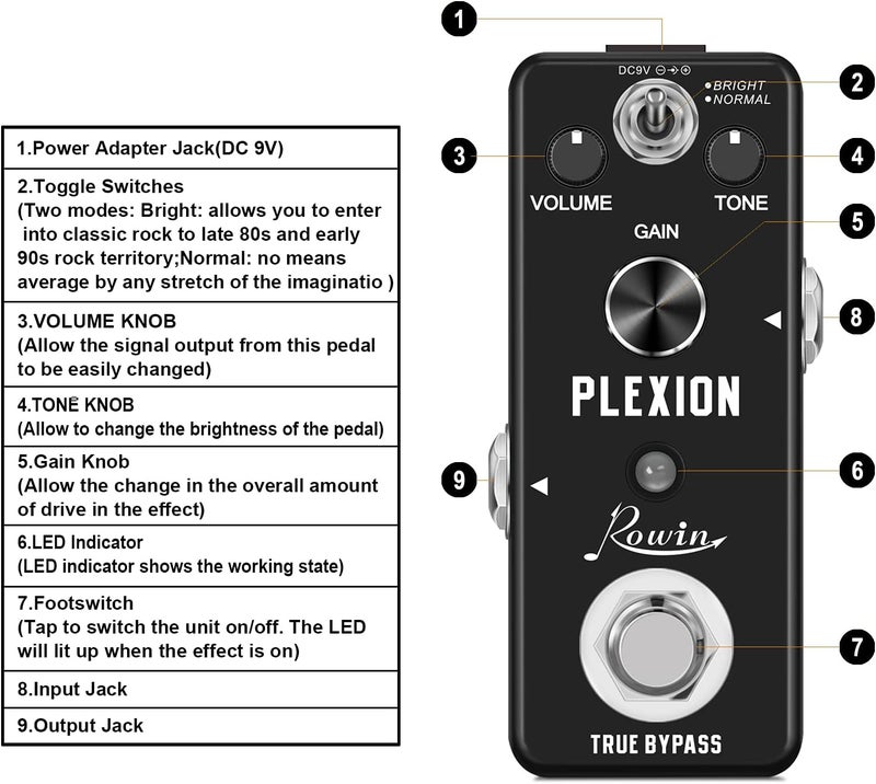 Rowin Plexion Distortion Pedal for Guitar and Bass with Bright and Normal Mode True Bypass - Image 1