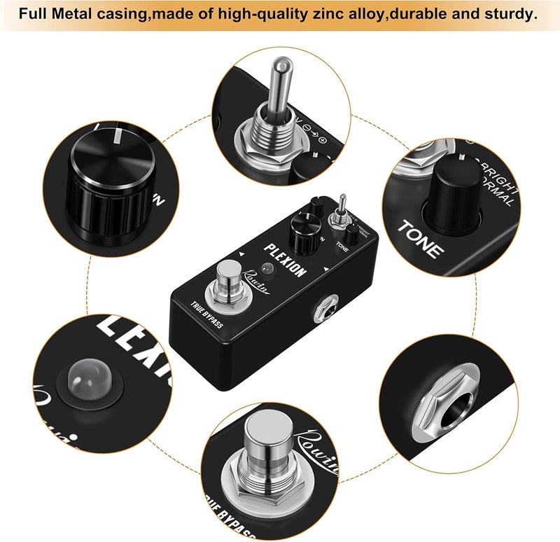 Rowin Plexion Distortion Pedal for Guitar and Bass with Bright and Normal Mode True Bypass - Image 3
